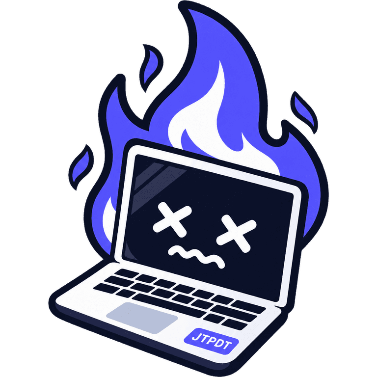 Un ordinateur portable en flammes, les yeux en croix, un autocollant JTPDT sur le clavier